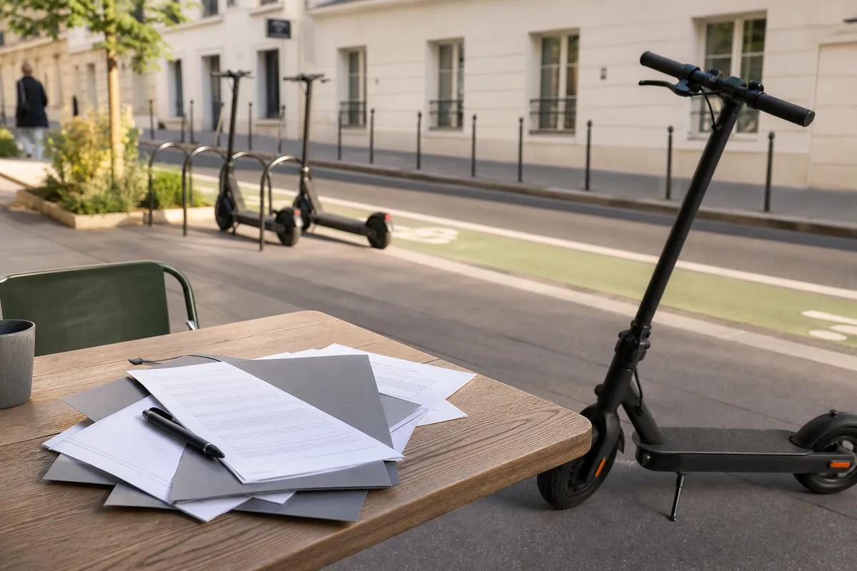 Trottinette électrique et documents d&rsquo;assurance posés sur une table