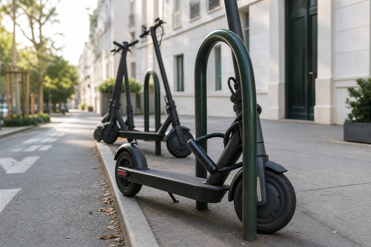 Antivol en U attaché à un arceau avec une trottinette électrique