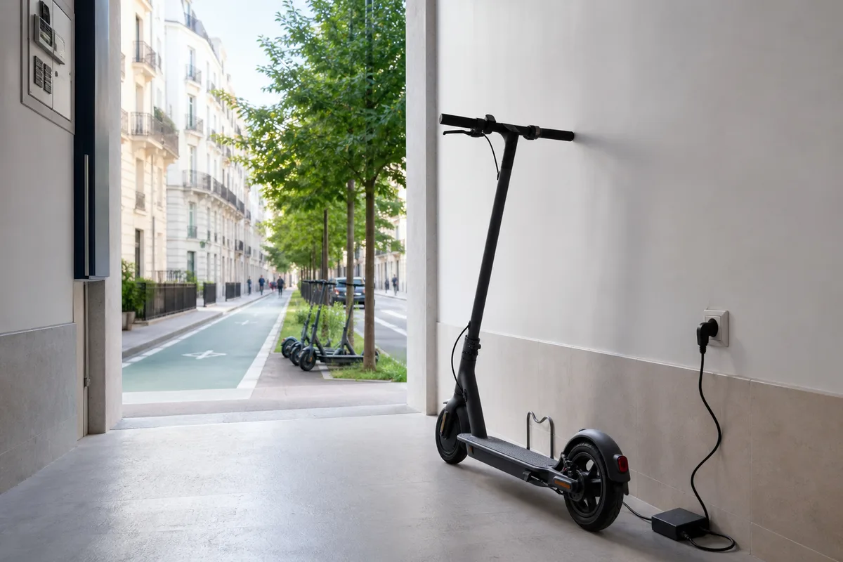 Trottinette électrique en charge sur une prise domestique dans un couloir