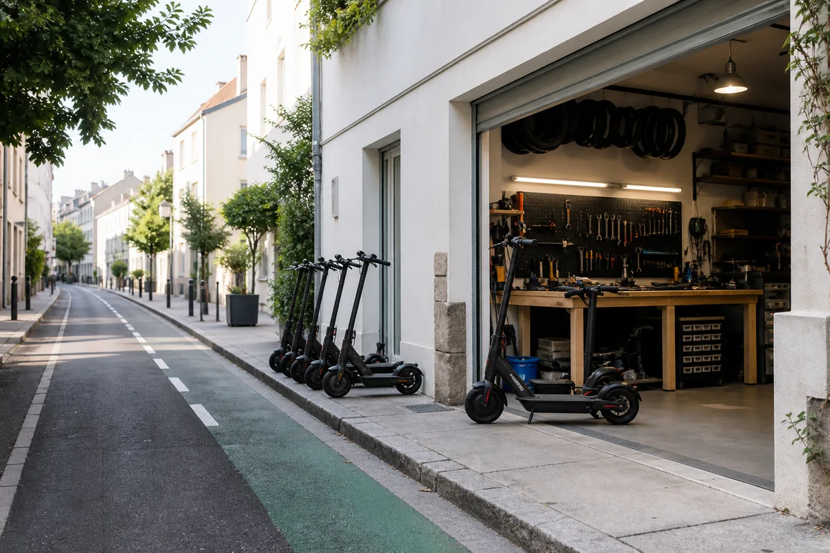 Atelier de réparation de trottinettes électriques avec outillage et pièces détachées