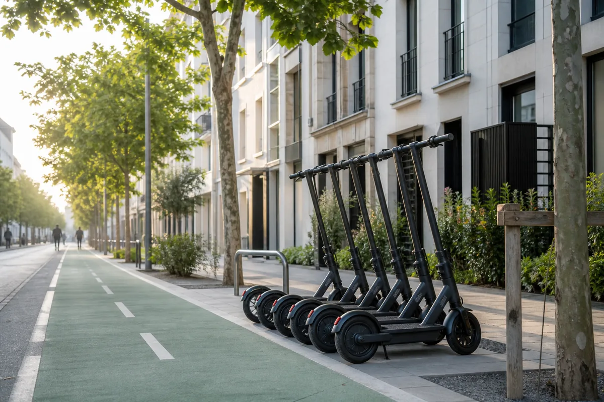 Guidon de trottinette électrique vu de face sur une piste cyclable urbaine