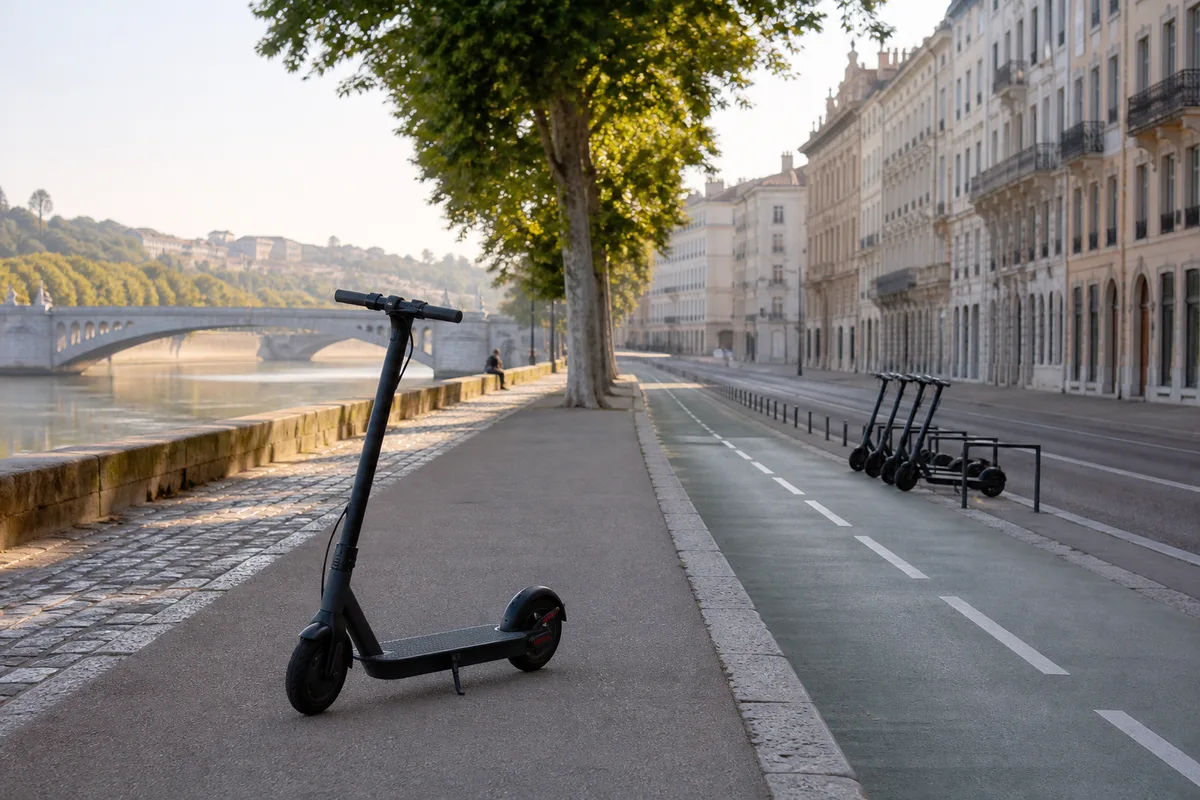 Trottinette électrique stationnée le long d’un quai lyonnais au petit matin