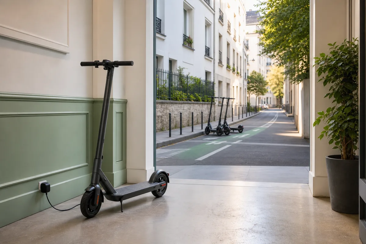 Trottinette électrique posée dans un couloir d’immeuble avec son chargeur