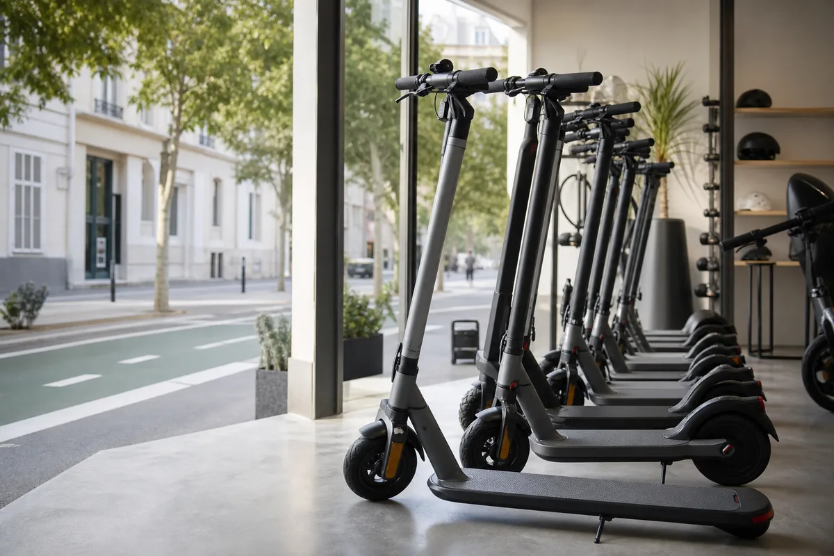 Rayon de trottinettes électriques alignées dans une boutique spécialisée