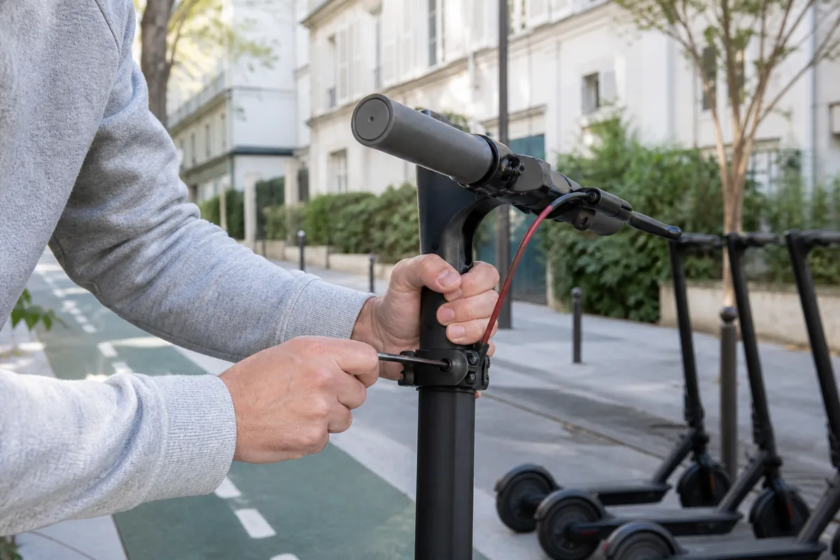 Vérification du serrage de la potence d’une trottinette électrique avant achat
