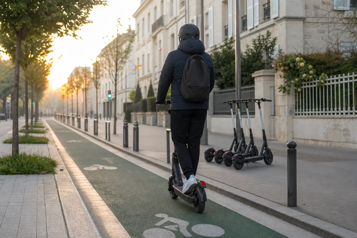Trottinette électrique en usage urbain sur une piste cyclable au lever du jour