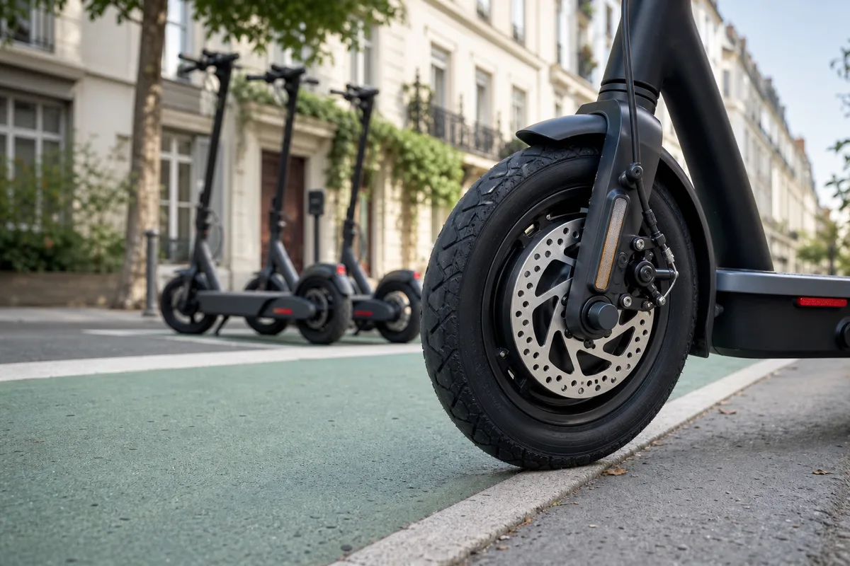 Détail d&rsquo;un frein à disque et d&rsquo;un pneu gonflable de trottinette électrique