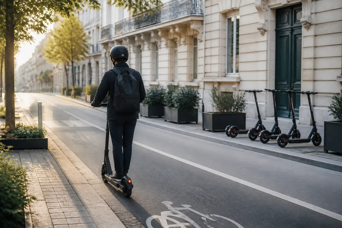 Trottinette électrique circulant sur une piste cyclable en ville