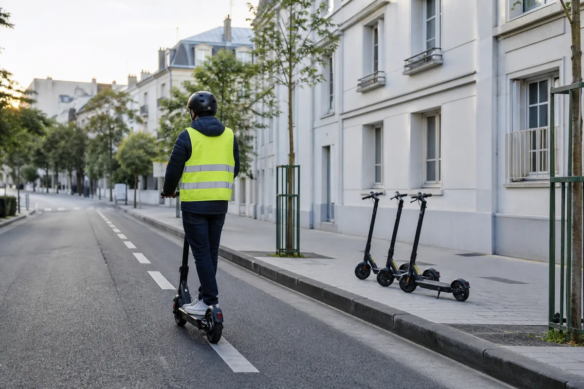 Conducteur portant un casque et un gilet rétroréfléchissant sur une trottinette